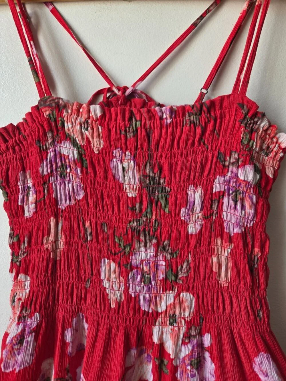 NWT ABERCROMBIE & FITCH RED FLORAL SMOCKED TANK MAXI DRESS SIZE L
